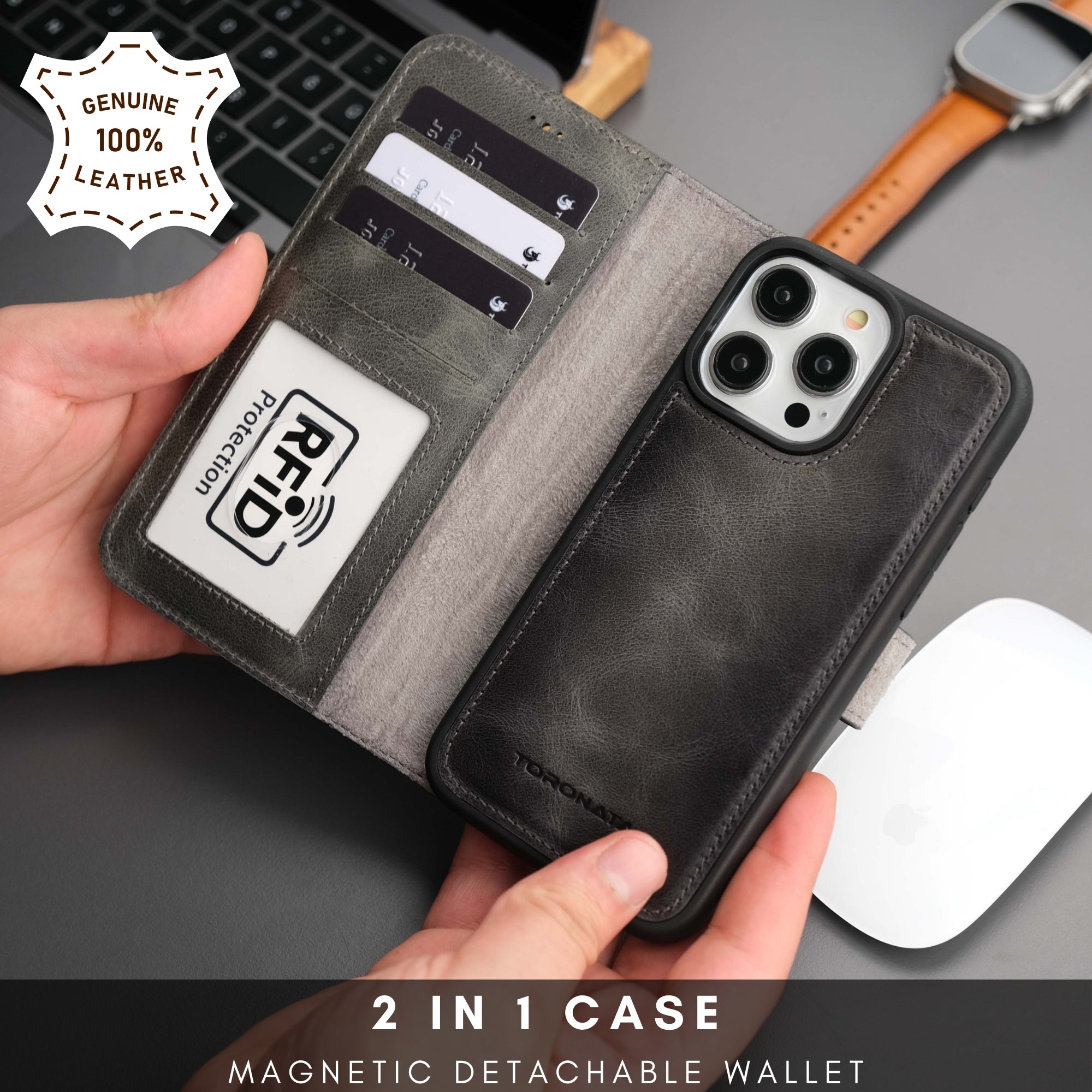 Casper Leather iPhone 15 Pro Wallet Case | MagSafe-Grey---TORONATA