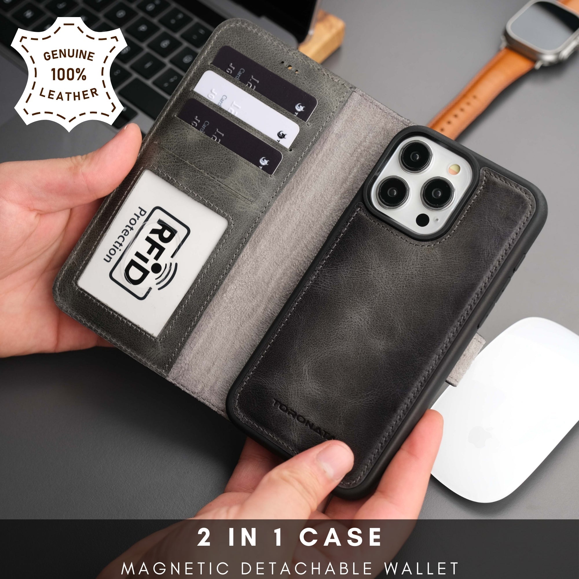 Casper iPhone 16 Pro Max Leather Wallet Case | MagSafe - Grey - TORONATA