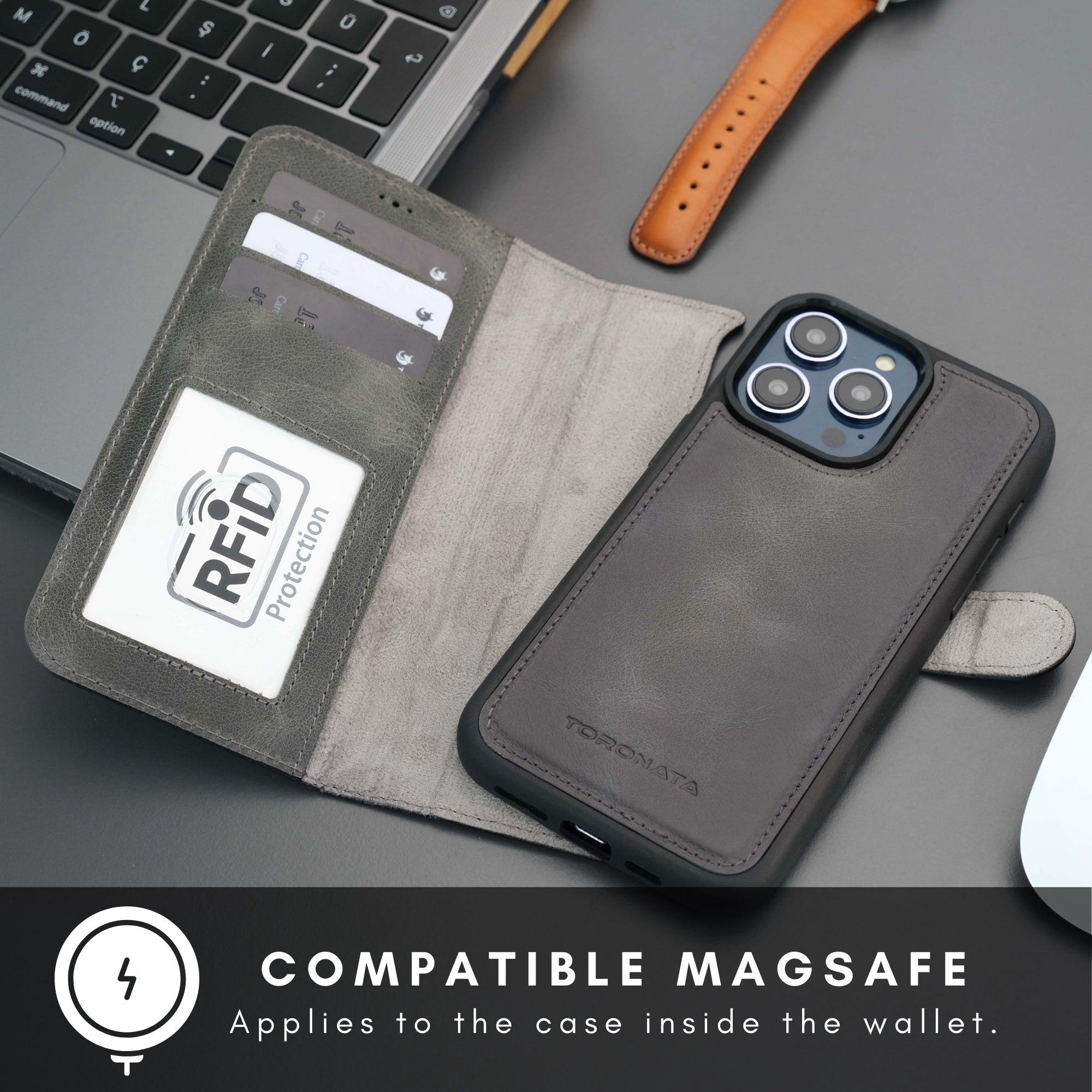 Casper iPhone 16 Pro Leather Wallet Case | MagSafe - Grey - TORONATA