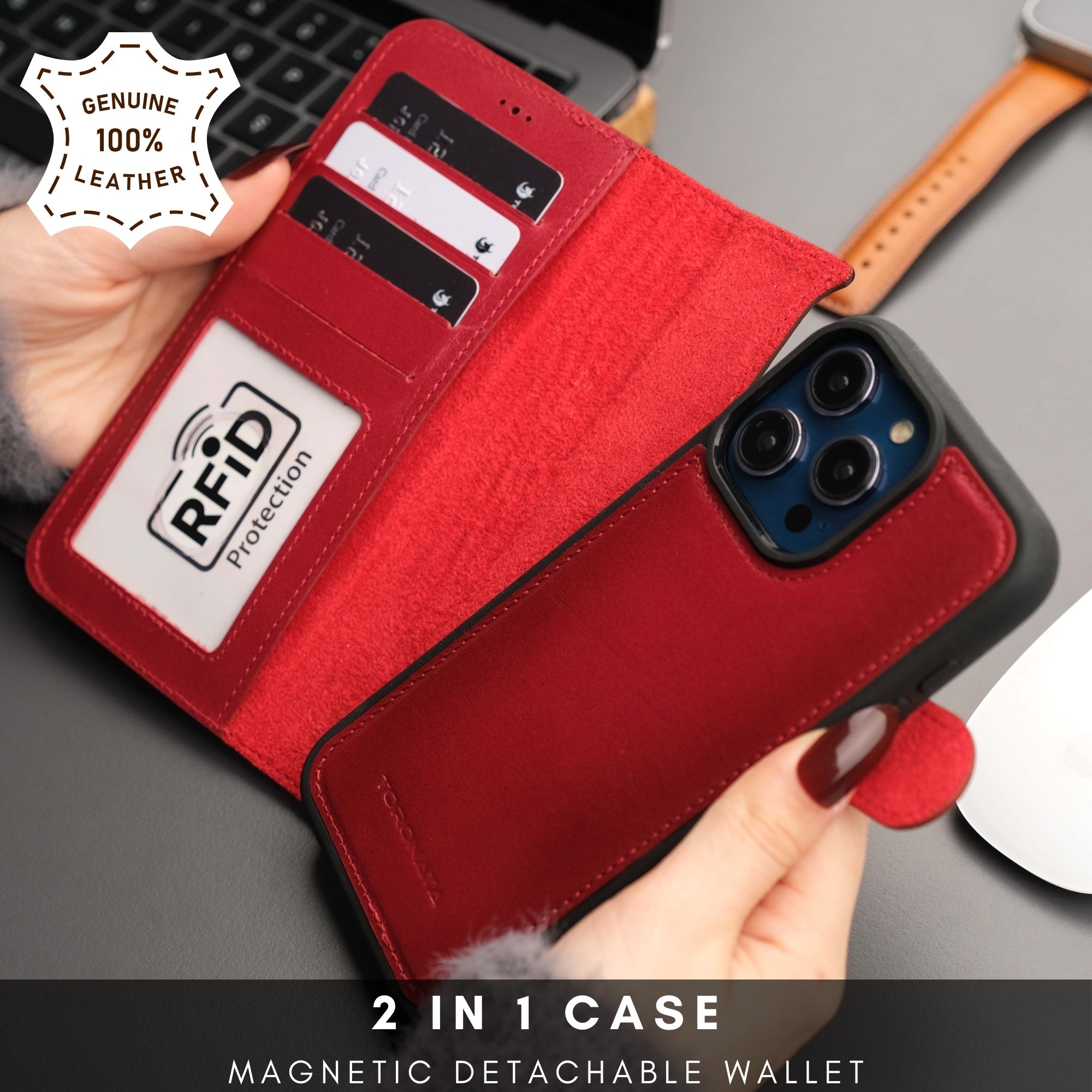 Casper iPhone 16 Pro Leather Wallet Case | MagSafe - Red - TORONATA