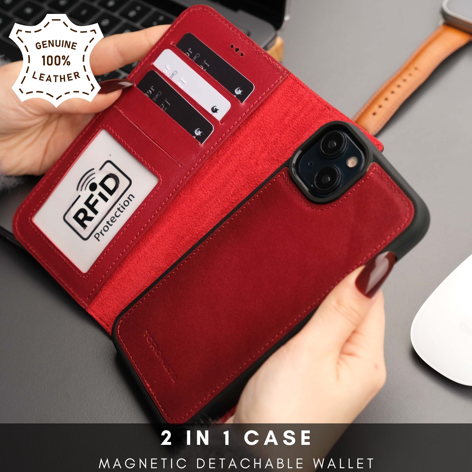 Casper iPhone 16 Leather Wallet Case | MagSafe - Red - TORONATA