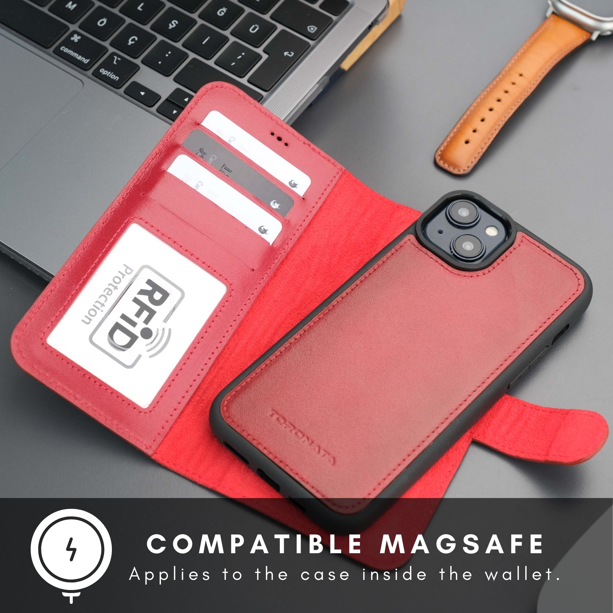 Casper Leather iPhone 15 Wallet Case | MagSafe-Red---TORONATA