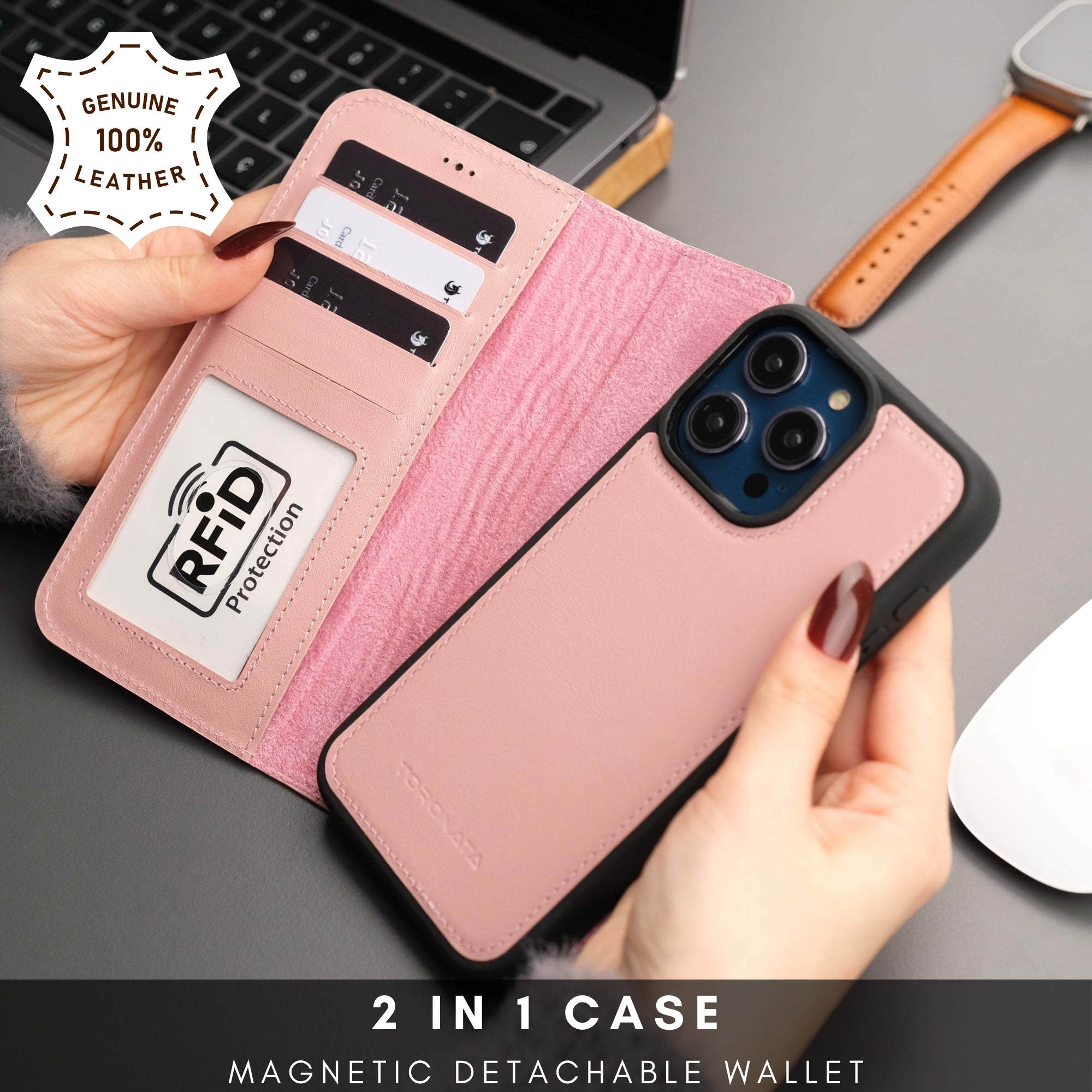 Casper Leather iPhone 15 Wallet Case | MagSafe-Pink---TORONATA