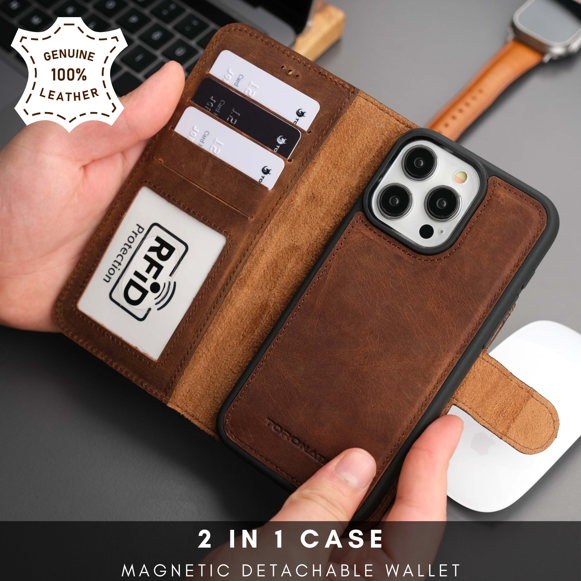 Casper iPhone 16 Pro Max Leather Wallet Case | MagSafe - Antic Brown - TORONATA