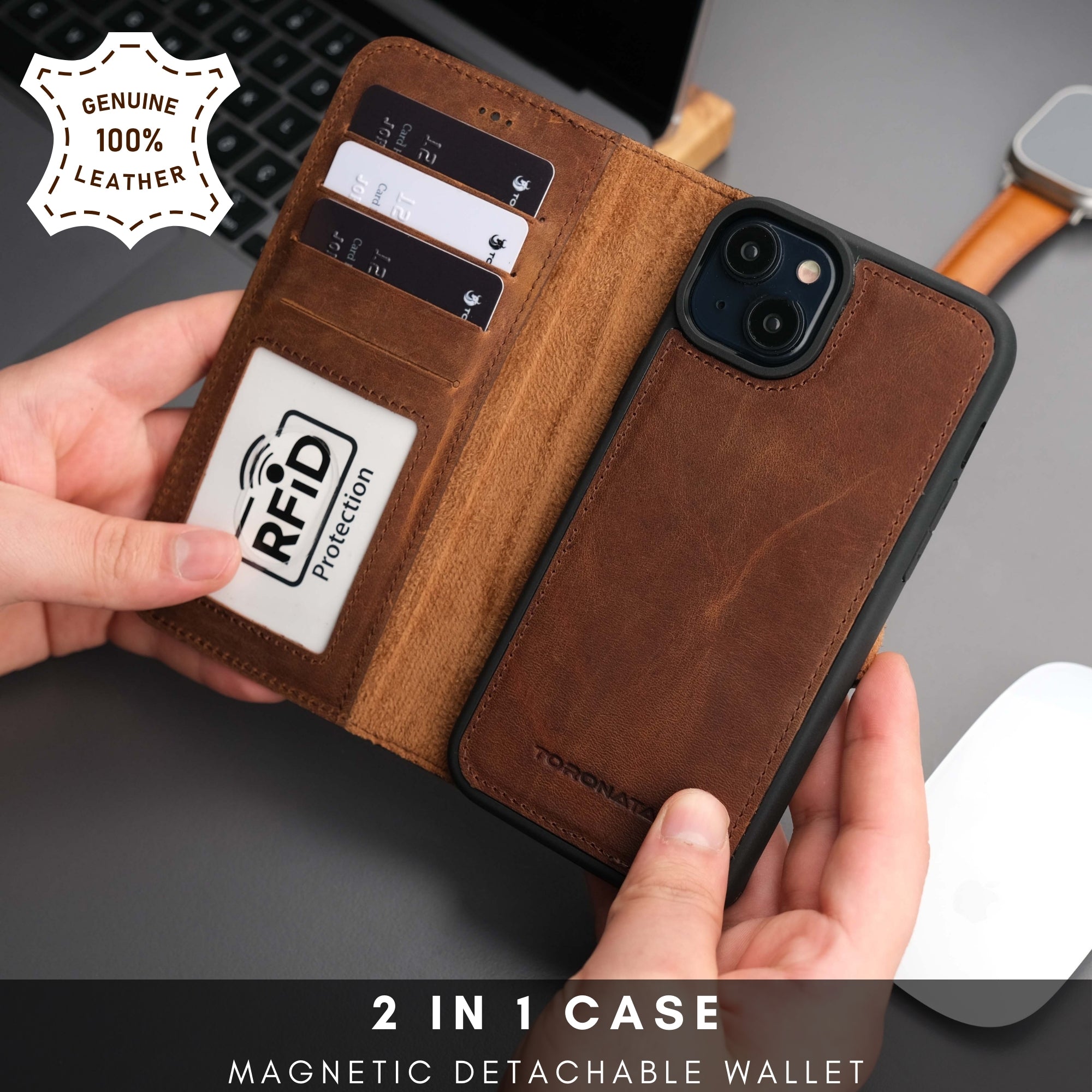 Casper Leather iPhone 15 Wallet Case | MagSafe-Antic Brown---TORONATA