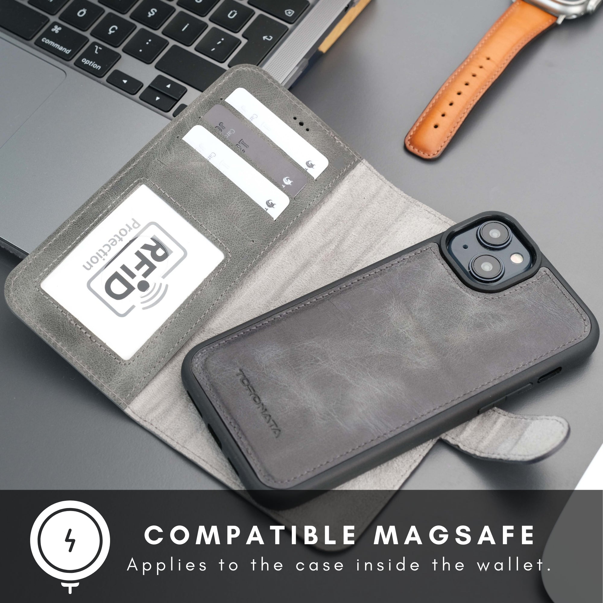 Casper iPhone 16 Leather Wallet Case | MagSafe - Grey - TORONATA