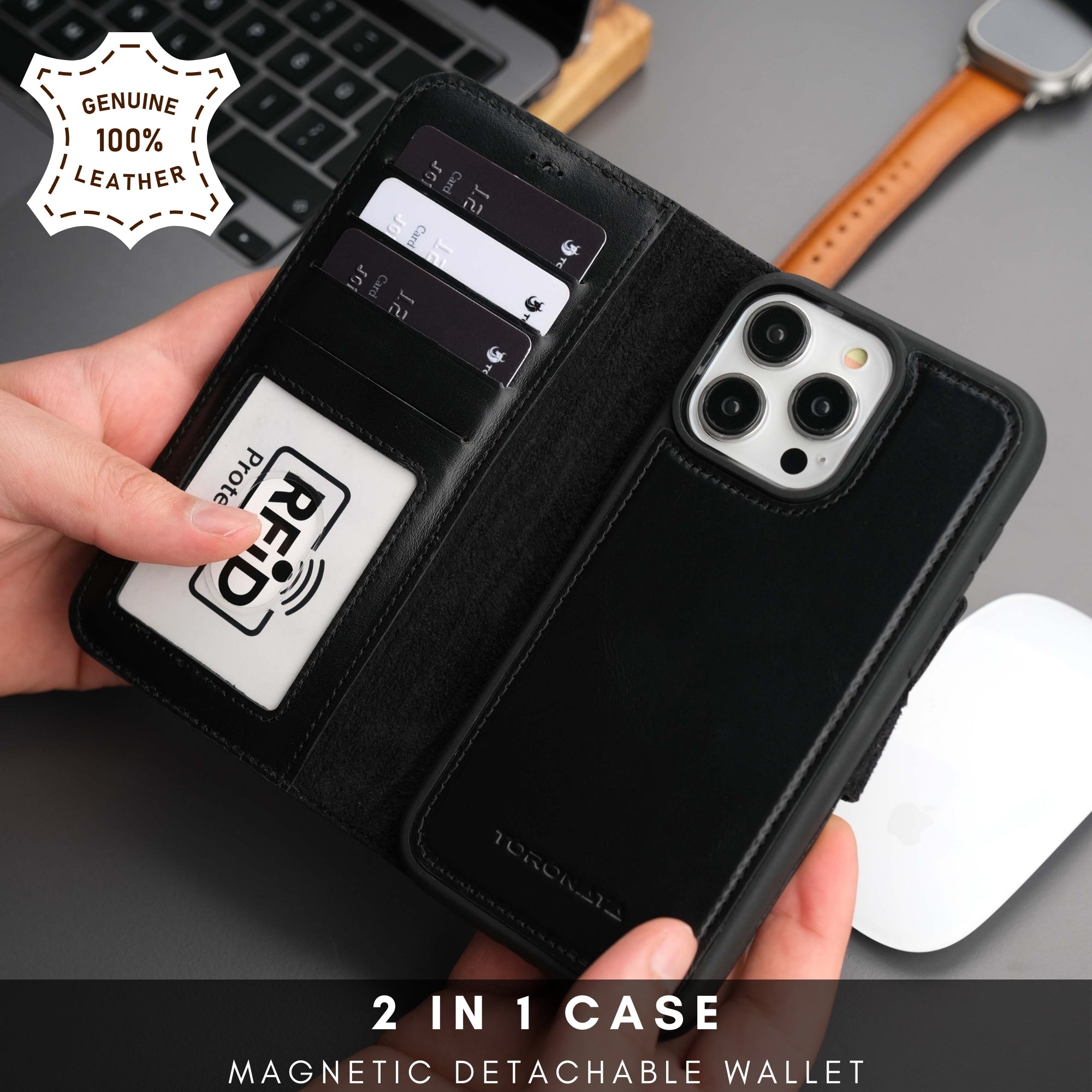 Casper iPhone 16 Pro Leather Wallet Case | MagSafe - Black - TORONATA