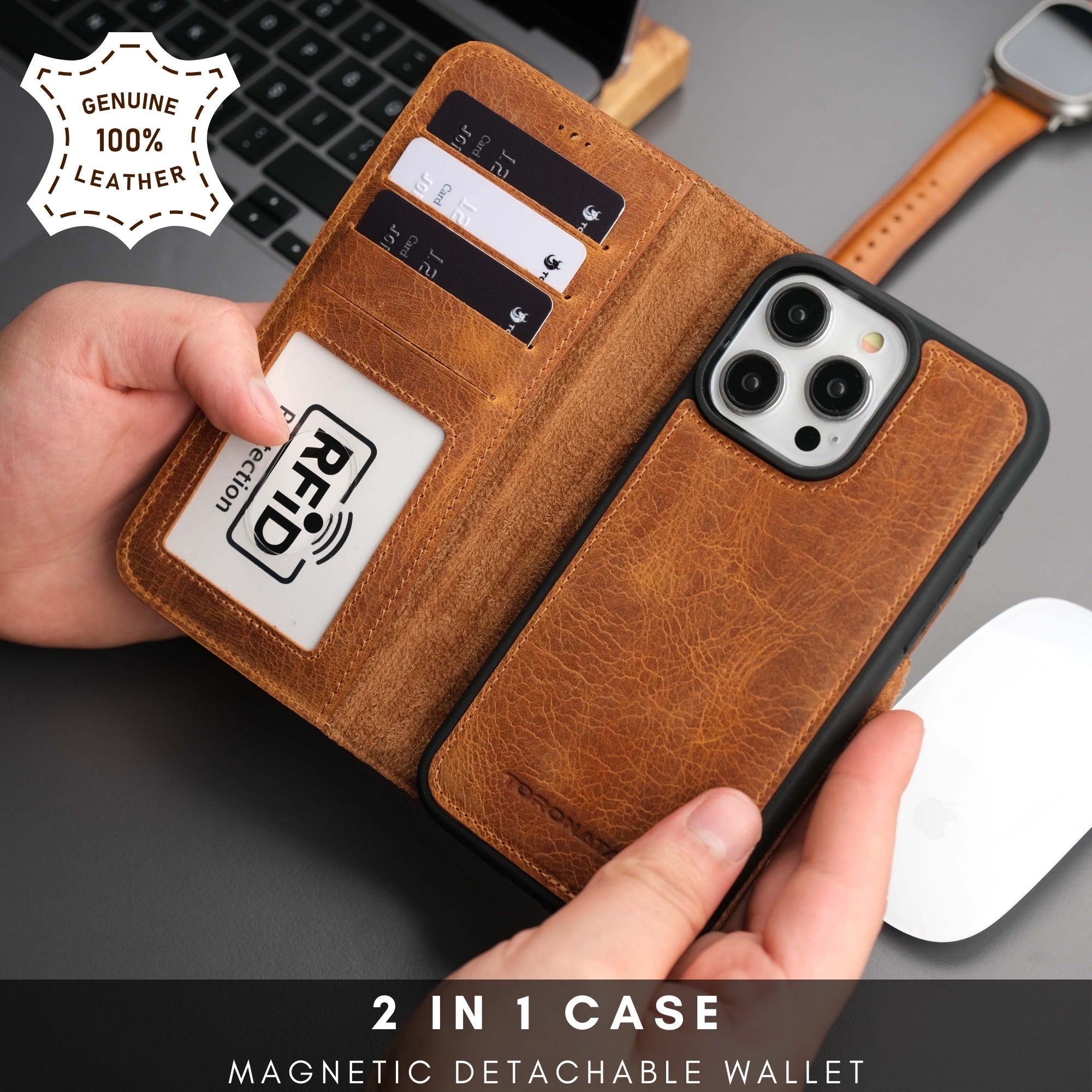 Casper Leather iPhone 15 Pro Wallet Case | MagSafe-Antic Tan---TORONATA