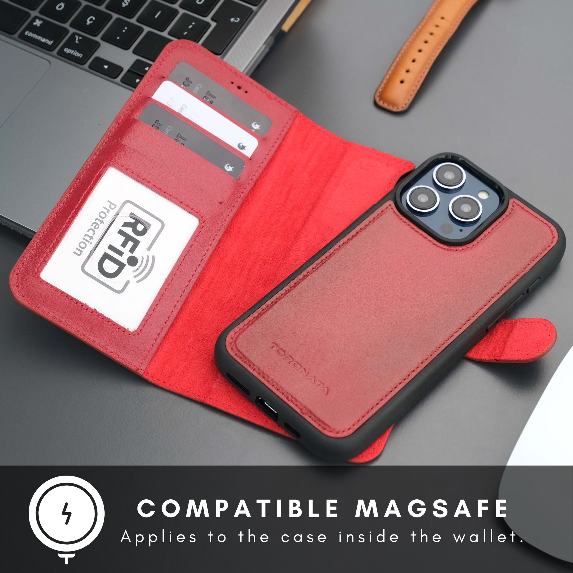 Casper Leather iPhone 15 Pro Wallet Case | MagSafe-Red---TORONATA