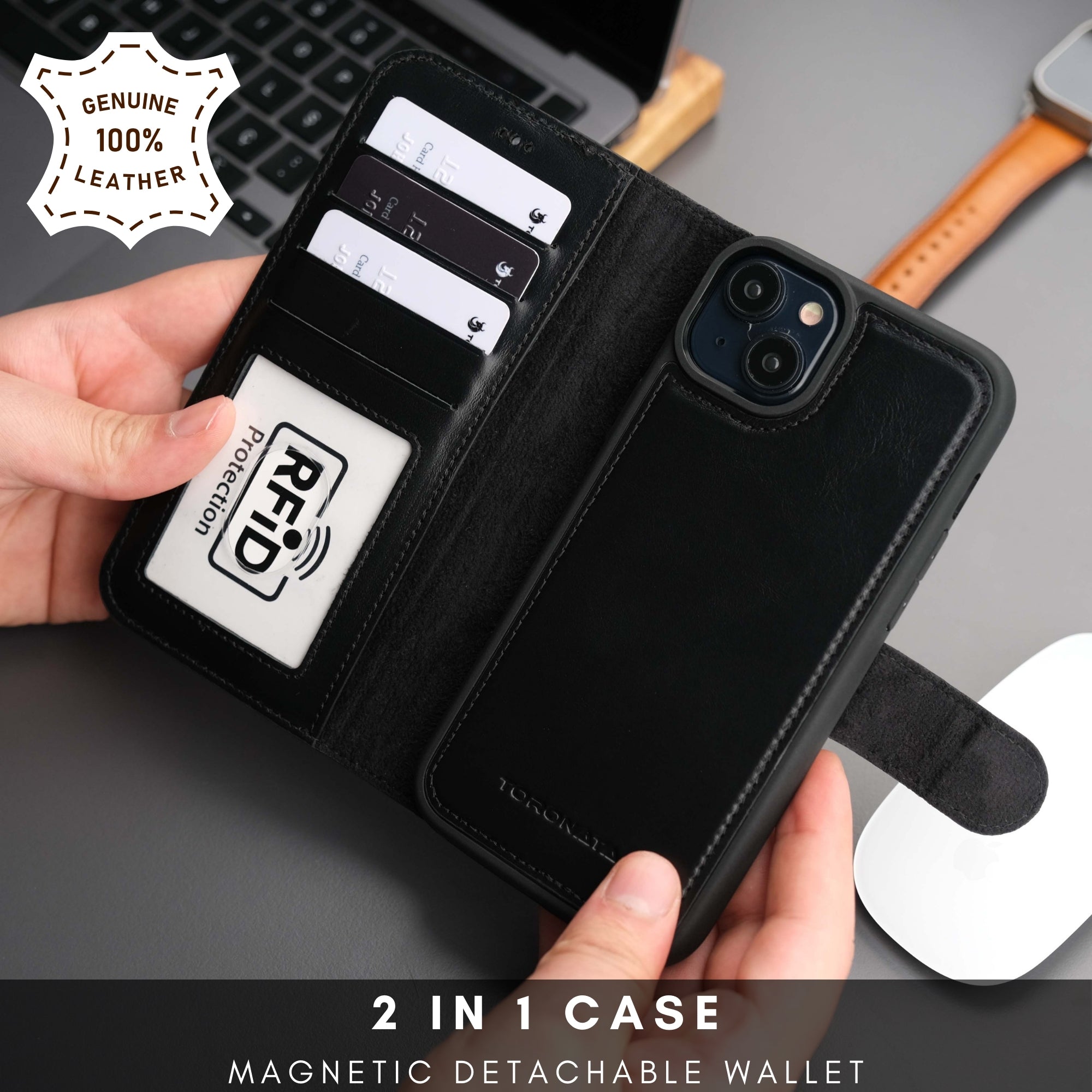 Casper Leather iPhone 15 Wallet Case | MagSafe-Black---TORONATA