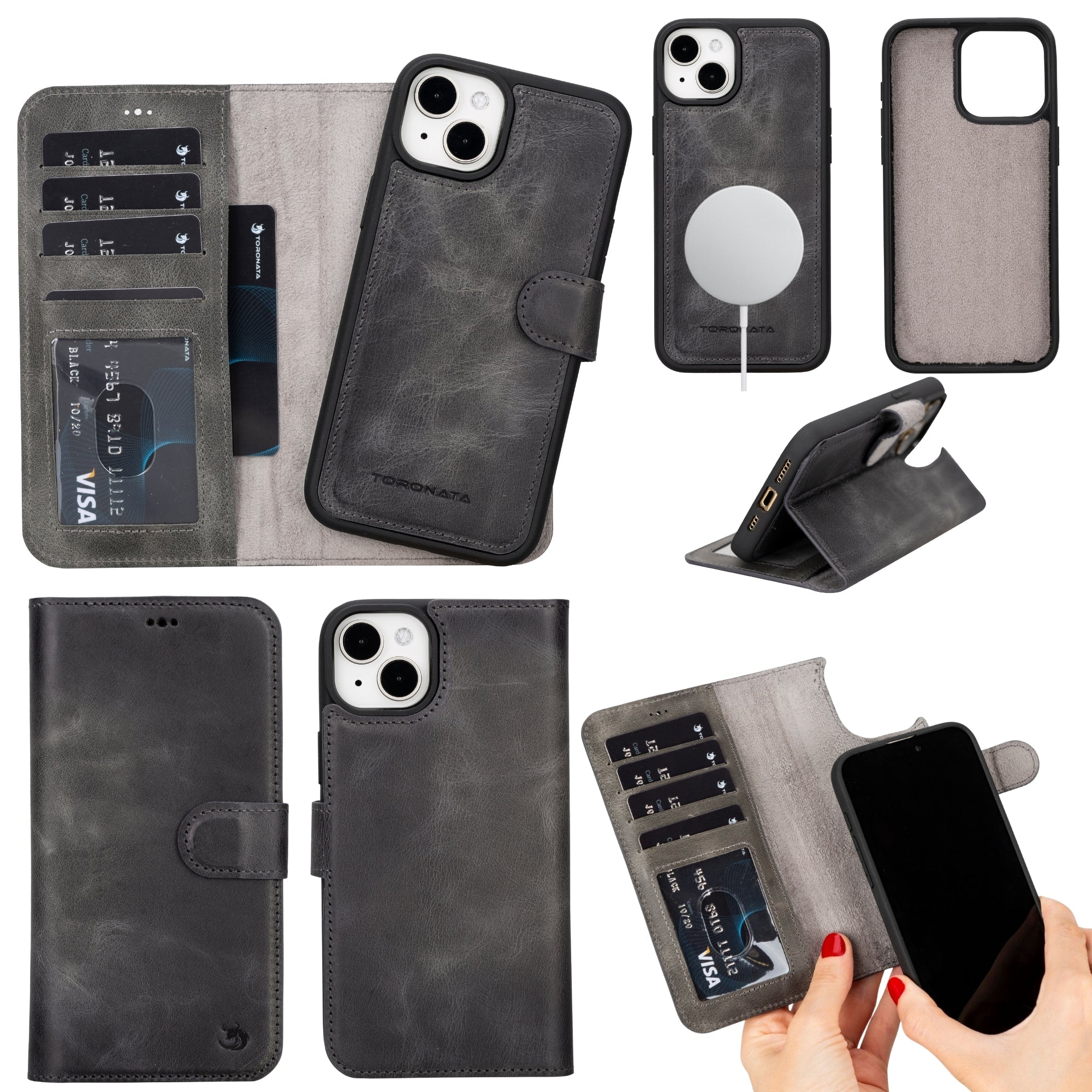 Casper Leather iPhone 15 Wallet Case | MagSafe-Grey---TORONATA