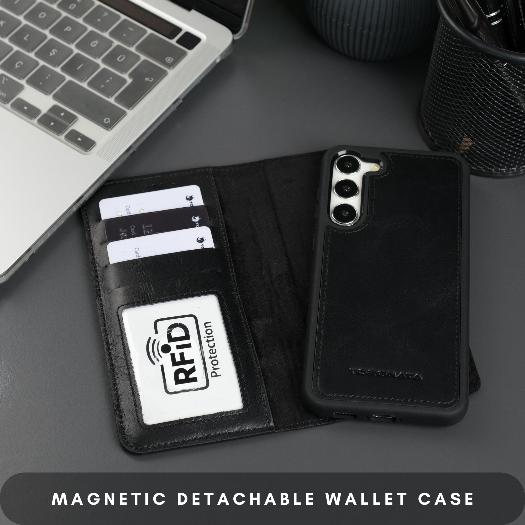 Buffalo Leather Samsung Galaxy S24 Plus Wallet with Detachable Case-Black---TORONATA