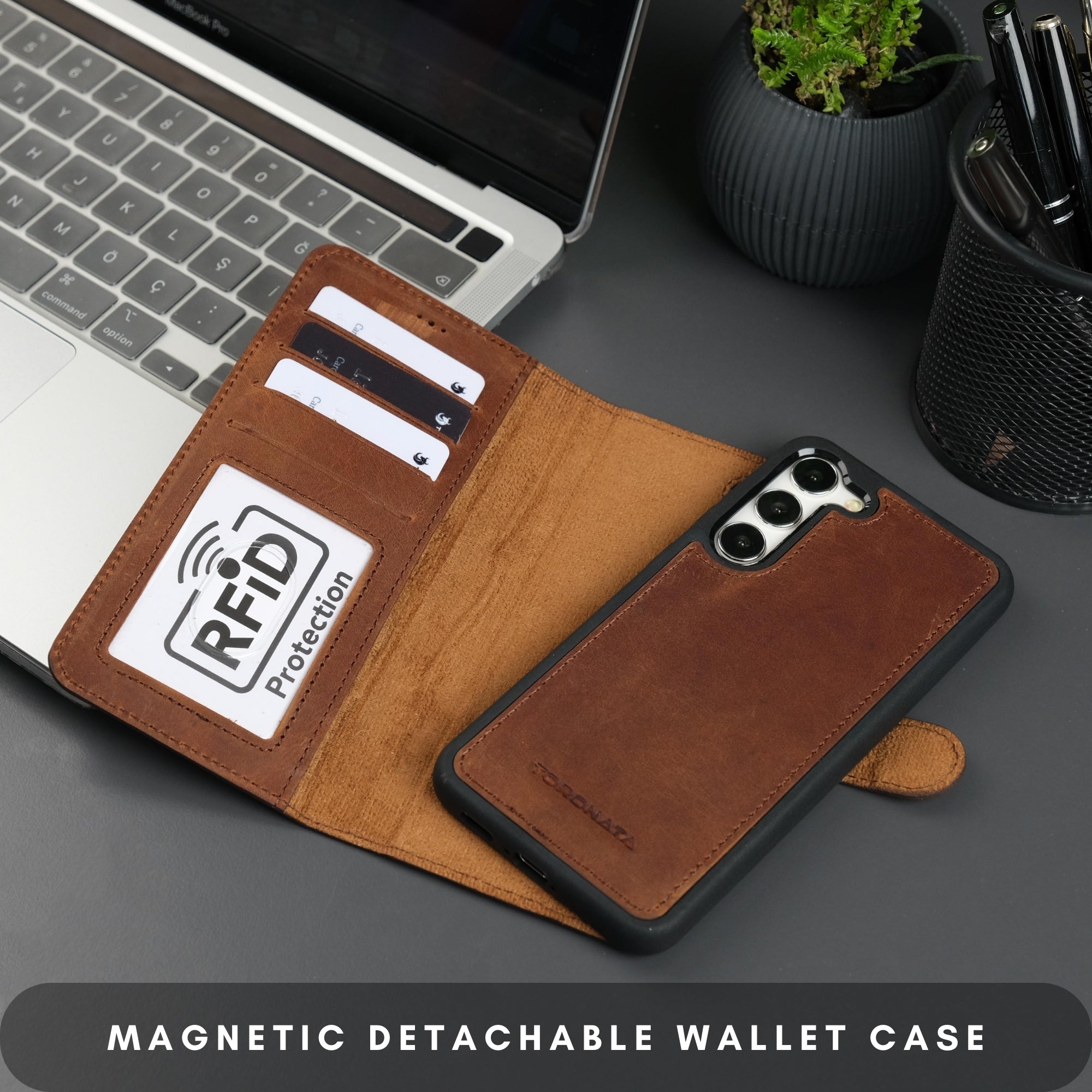 Buffalo Leather Samsung Galaxy S24 Wallet with Detachable Case-Dark Brown---TORONATA