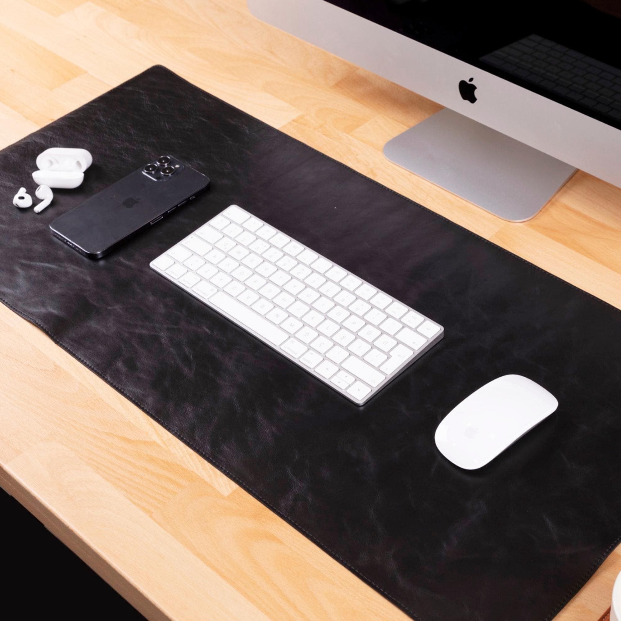 Genuine Leather Desk Mat - Oxa Leather, Gray / Large (36x19 Inches)